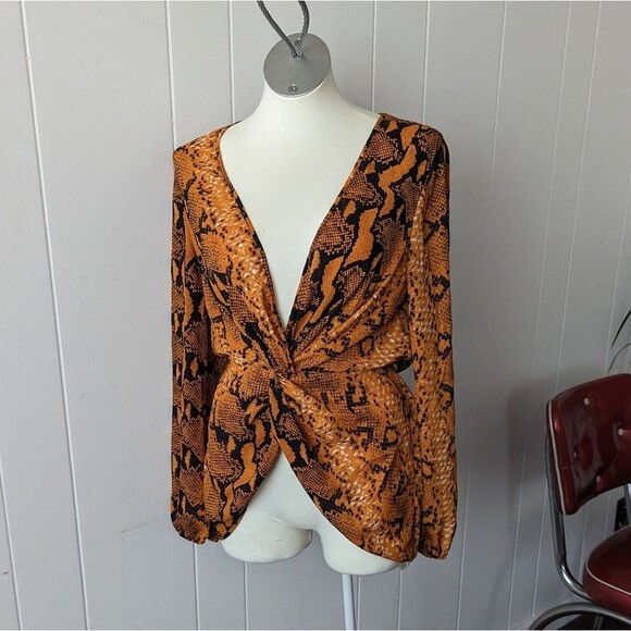 Orange Snake Print Deep V-Neck Long Sleeve Tunic Top by ASOS Size US 4 - Picture 4 of 7